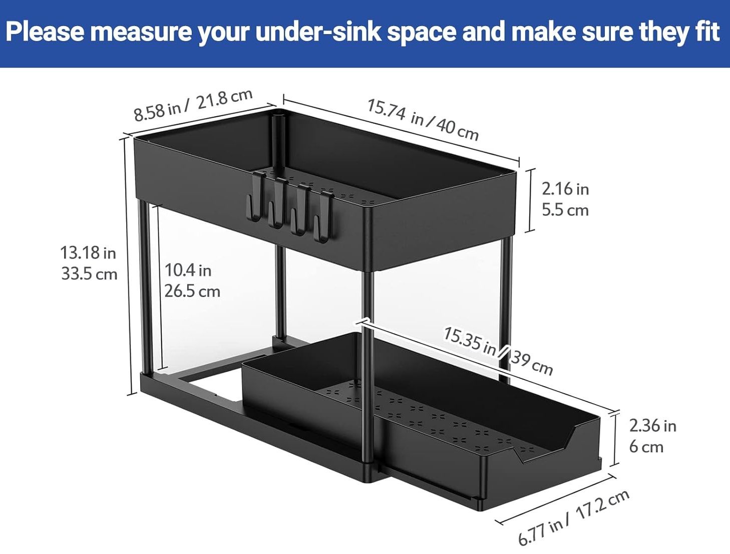 Tap & Sink Accessories: CARLA HOME 2 Pack Under Sink Organizer with Pull-Out Basket and Hooks for Bathroom & Kitchen
