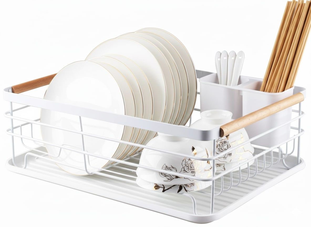 Dish Racks: CARLA HOME Dish Drying Rack with Wooden Handles, Removable Cutlery Holder & Drainboard for Kitchen Countertop