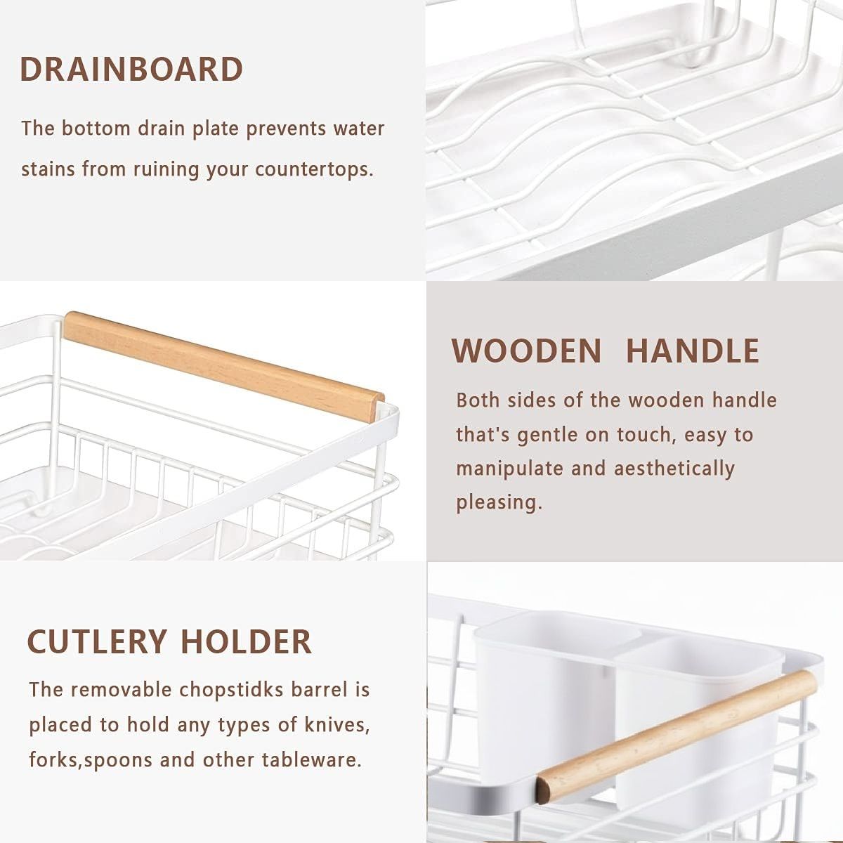 Dish Racks: CARLA HOME Dish Drying Rack with Wooden Handles, Removable Cutlery Holder & Drainboard for Kitchen Countertop