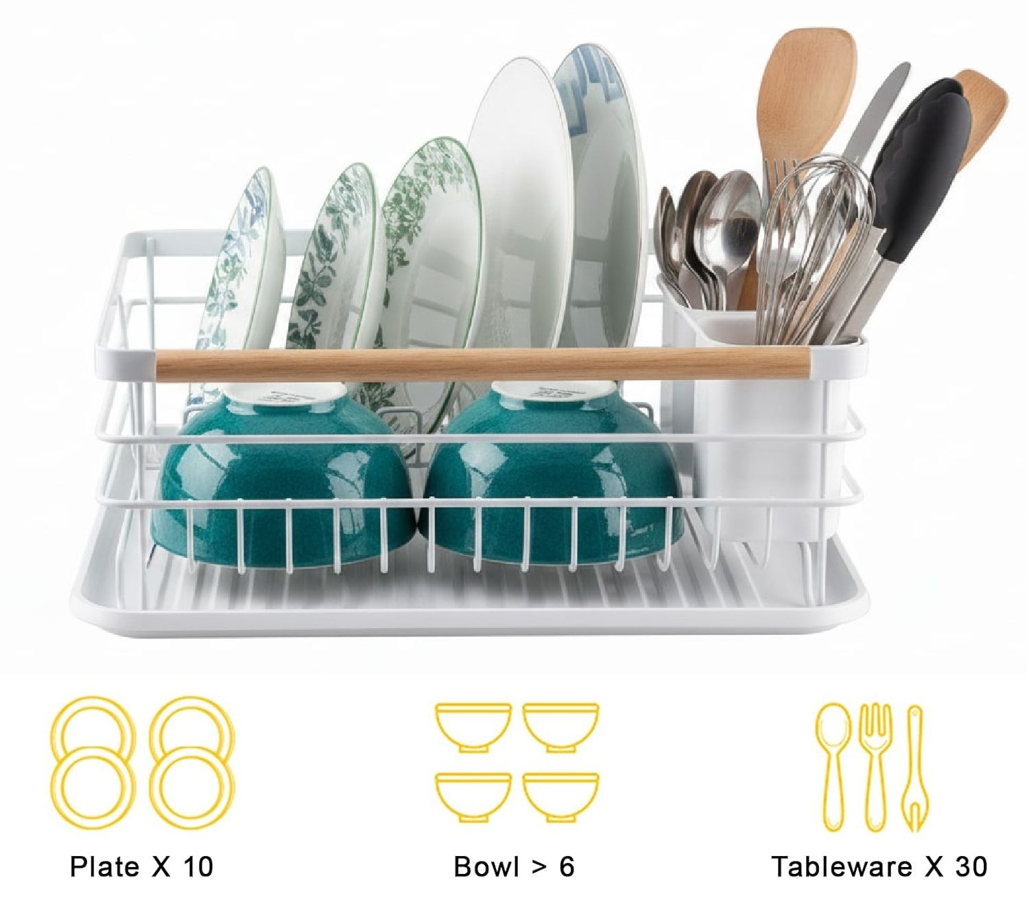 Dish Racks: CARLA HOME Dish Drying Rack with Wooden Handles, Removable Cutlery Holder & Drainboard for Kitchen Countertop
