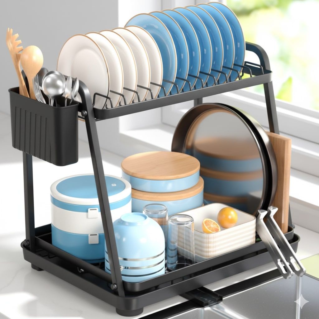 Dish Racks: CARLA HOME 2-Tier Dish Drying Rack for Kitchen Countertop with Drainage Tray, Utensil Holder, Cutting Board Slot & Cup Hooks