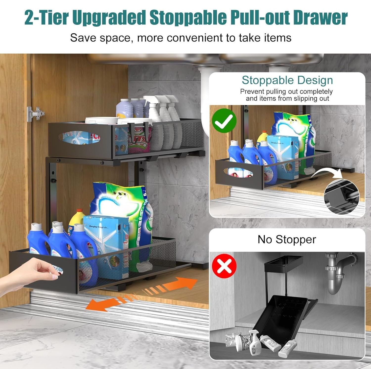 Bathroom Cabinets, Cupboards & Storage: CARLA HOME 2 Pack Under Sink Organizer Pull Out Sliding Cabinet Storage Shelf with Height Adjustable for Kitchen, Bathroom or Laundry Room (Black)