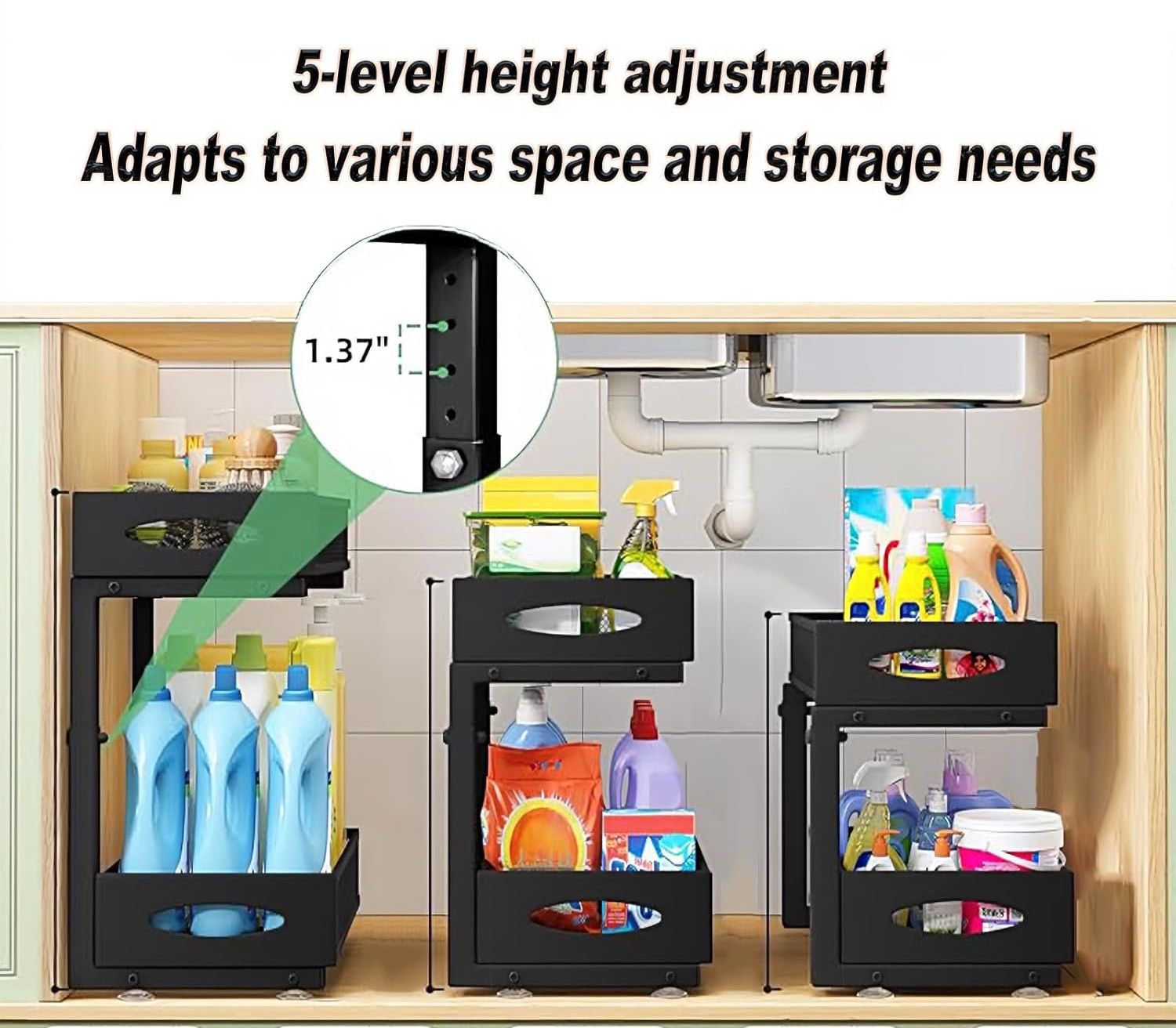 Bathroom Cabinets, Cupboards & Storage: CARLA HOME 2 Pack Under Sink Organizer Pull Out Sliding Cabinet Storage Shelf with Height Adjustable for Kitchen, Bathroom or Laundry Room (Black)