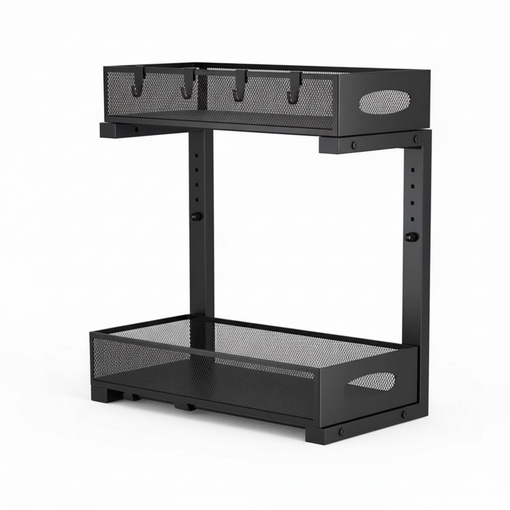 Bathroom Cabinets, Cupboards & Storage: CARLA HOME 2 Pack Under Sink Organizer Pull Out Sliding Cabinet Storage Shelf with Height Adjustable for Kitchen, Bathroom or Laundry Room (Black)