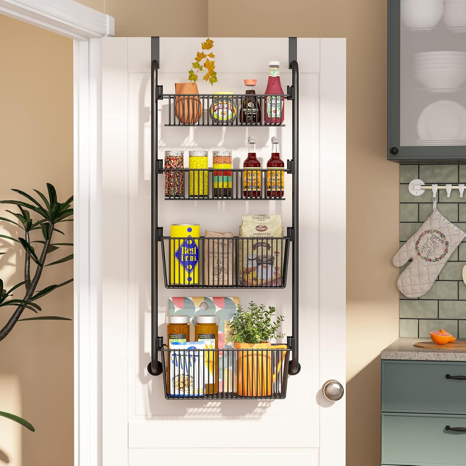 CARLA HOME 4-Tier Over the Door Organizer Heavy-Duty Metal Pantry Rack with Hanging Baskets for Home Kitchen Storage & Bathroom Door Organization