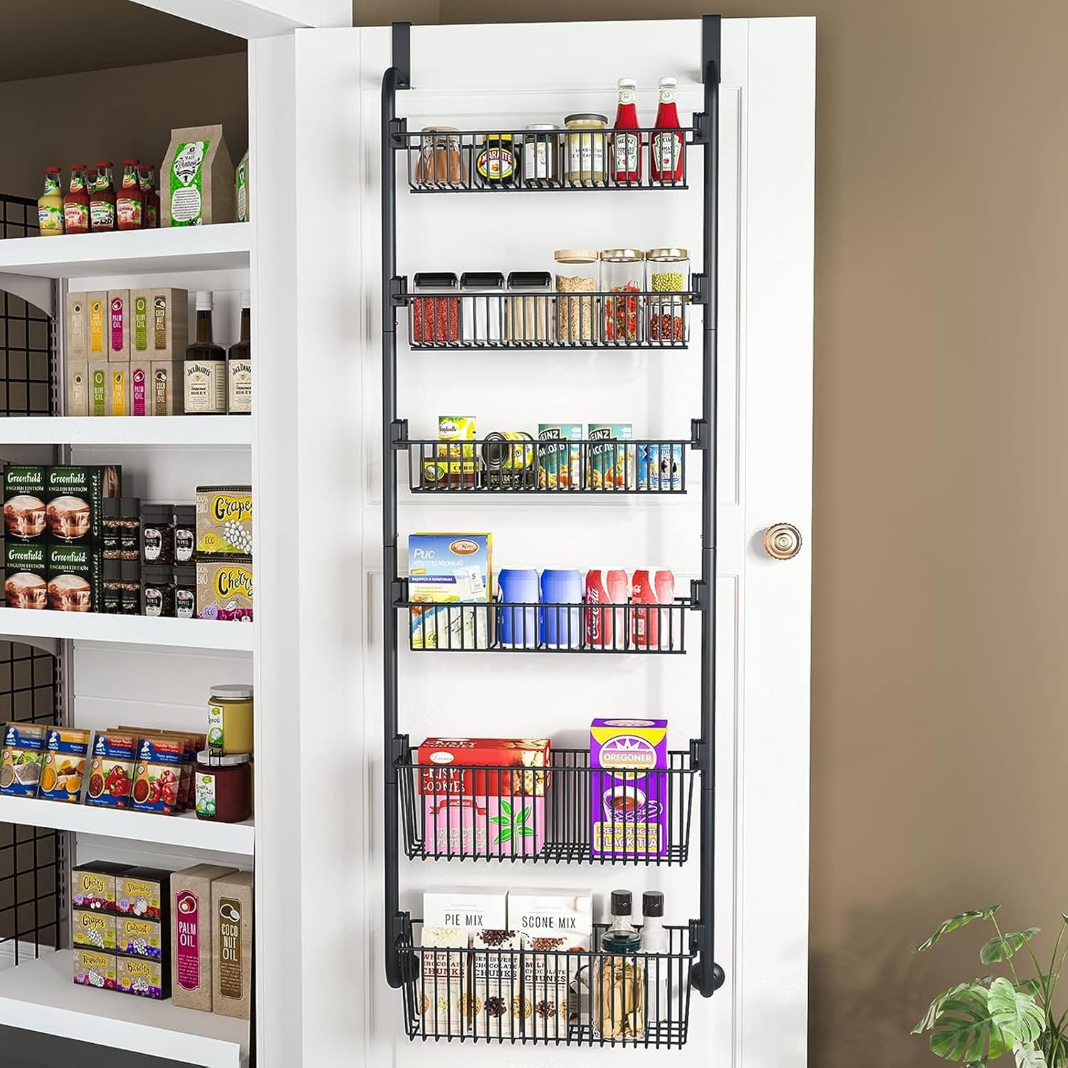 Towel Racks & Holders: CARLA HOME 6-Tier Over the Door Organizer Heavy-Duty Metal Pantry Rack with Hanging Baskets for Home Kitchen Storage & Bathroom Door Organization (Black)