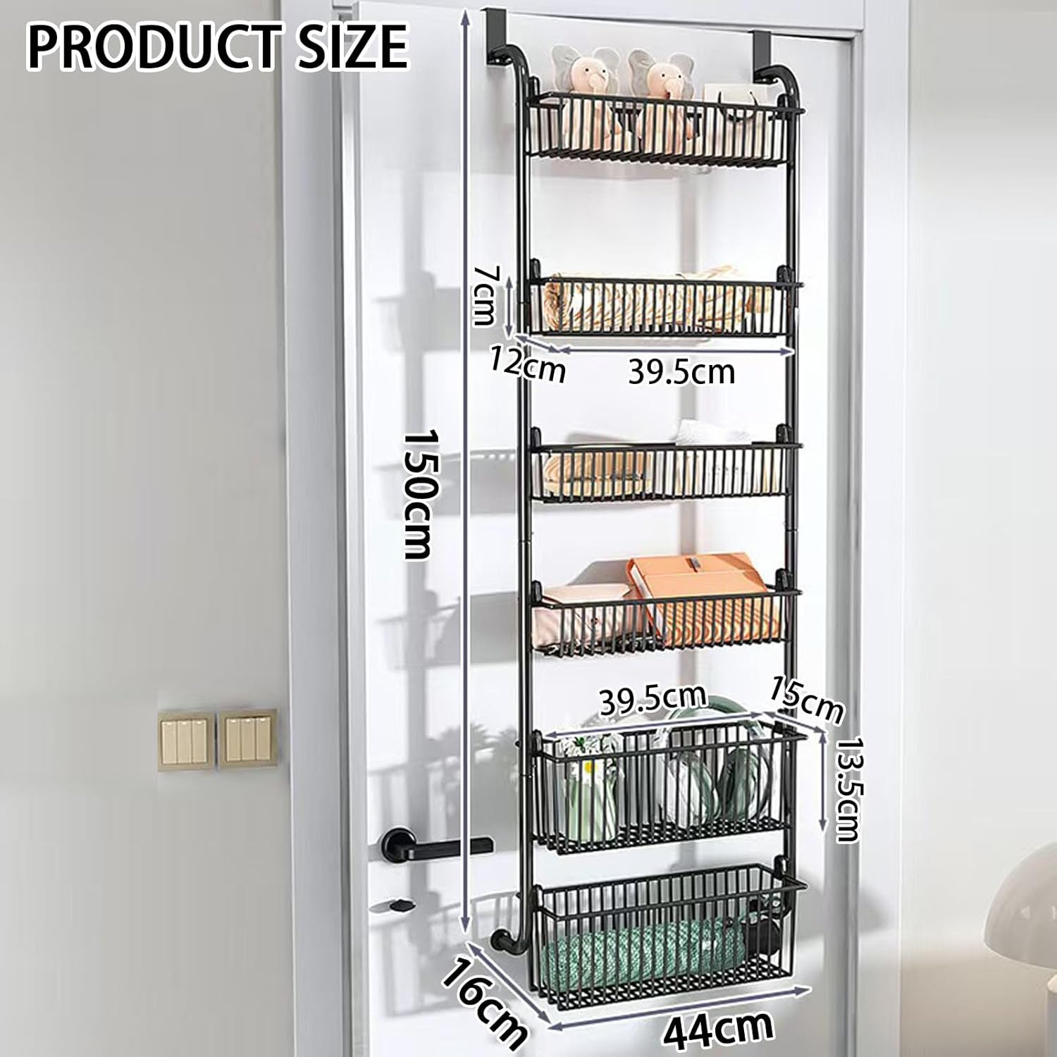 CARLA HOME 6-Tier Over the Door Organizer Heavy-Duty Metal Pantry Rack with Hanging Baskets for Home Kitchen Storage & Bathroom Door Organization (White)