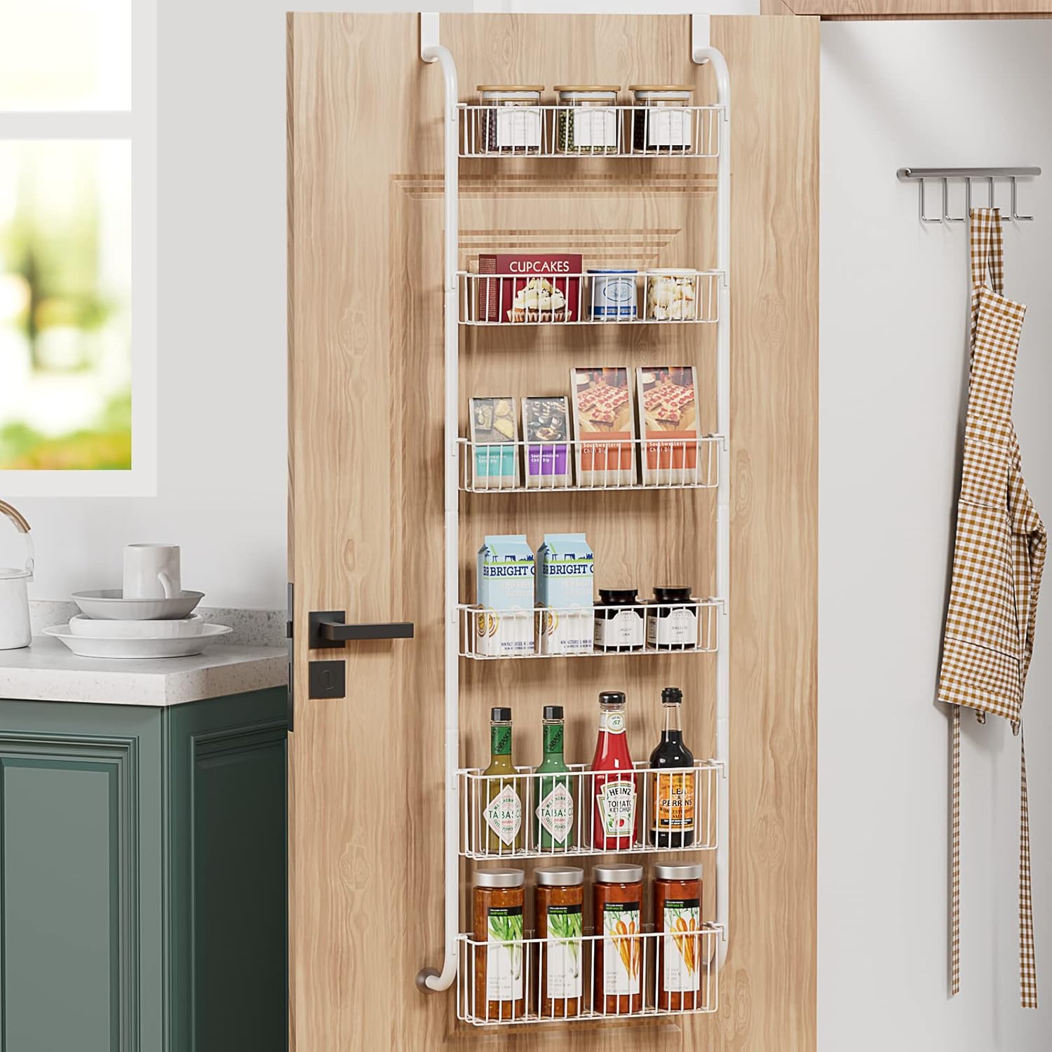 CARLA HOME 6-Tier Over the Door Organizer Heavy-Duty Metal Pantry Rack with Hanging Baskets for Home Kitchen Storage & Bathroom Door Organization (White)