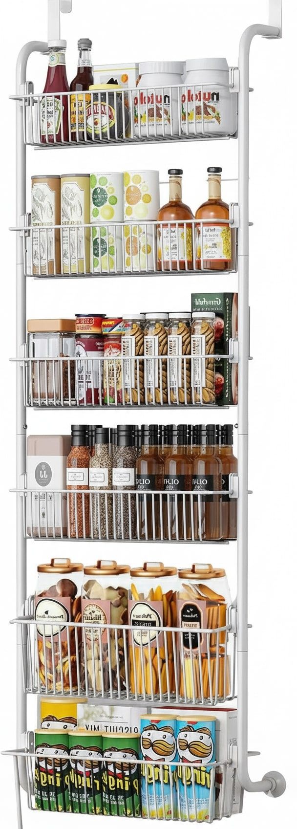 CARLA HOME 6-Tier Over the Door Organizer Heavy-Duty Metal Pantry Rack with Hanging Baskets for Home Kitchen Storage & Bathroom Door Organization (White)