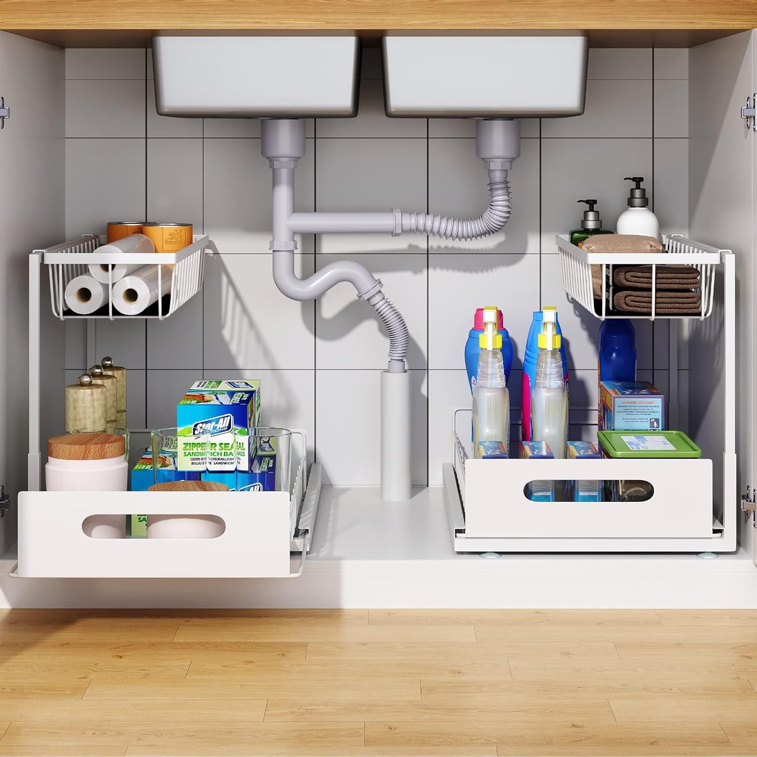 CARLA HOME 2 pack Under Sink Organiser with Sliding Drawers & 2 tier for Kitchen & Bathroom