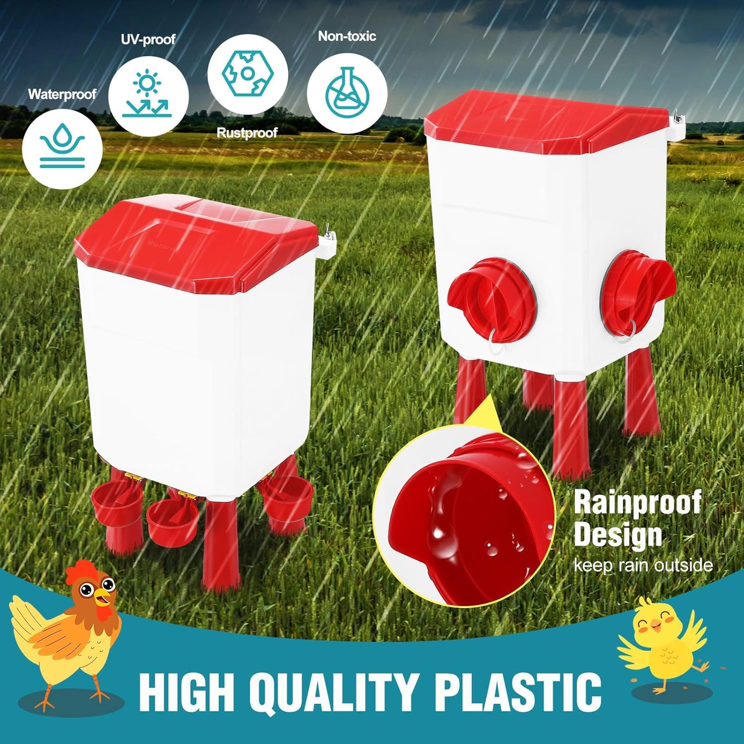CARLA HOME Automatic Chicken Feeder Waterer Set with 8KG Food 7L Water Capacity for Coop, Chickens, Ducks, Quails (Red)