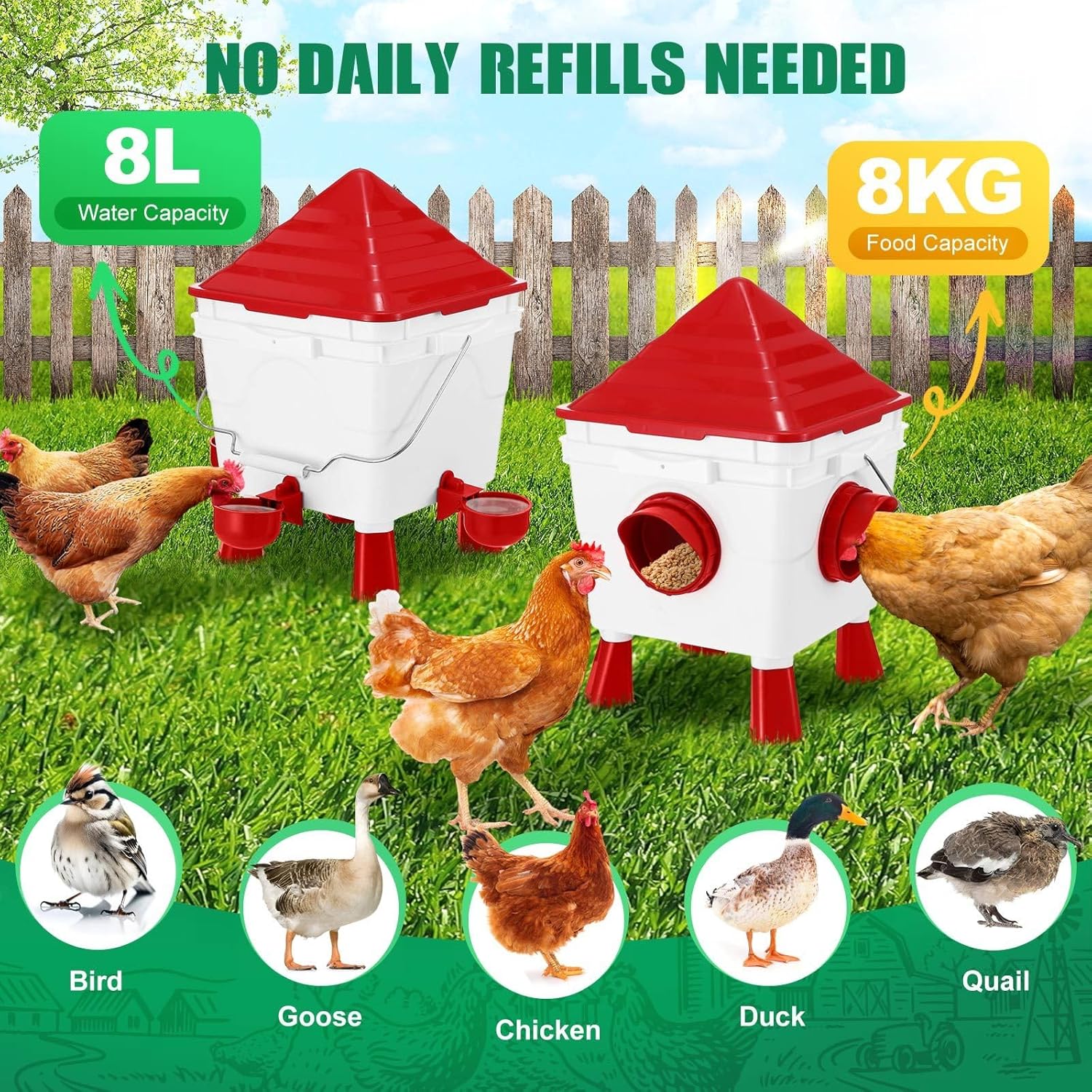 CARLA HOME Chicken Feeder Waterer Set, Automatic Gravity Dispenser with 8KG Food & 8L Water Capacity, 4 Ports & Cups, Clean Poultry Feeding for Coop, Duck, Quail, Hen