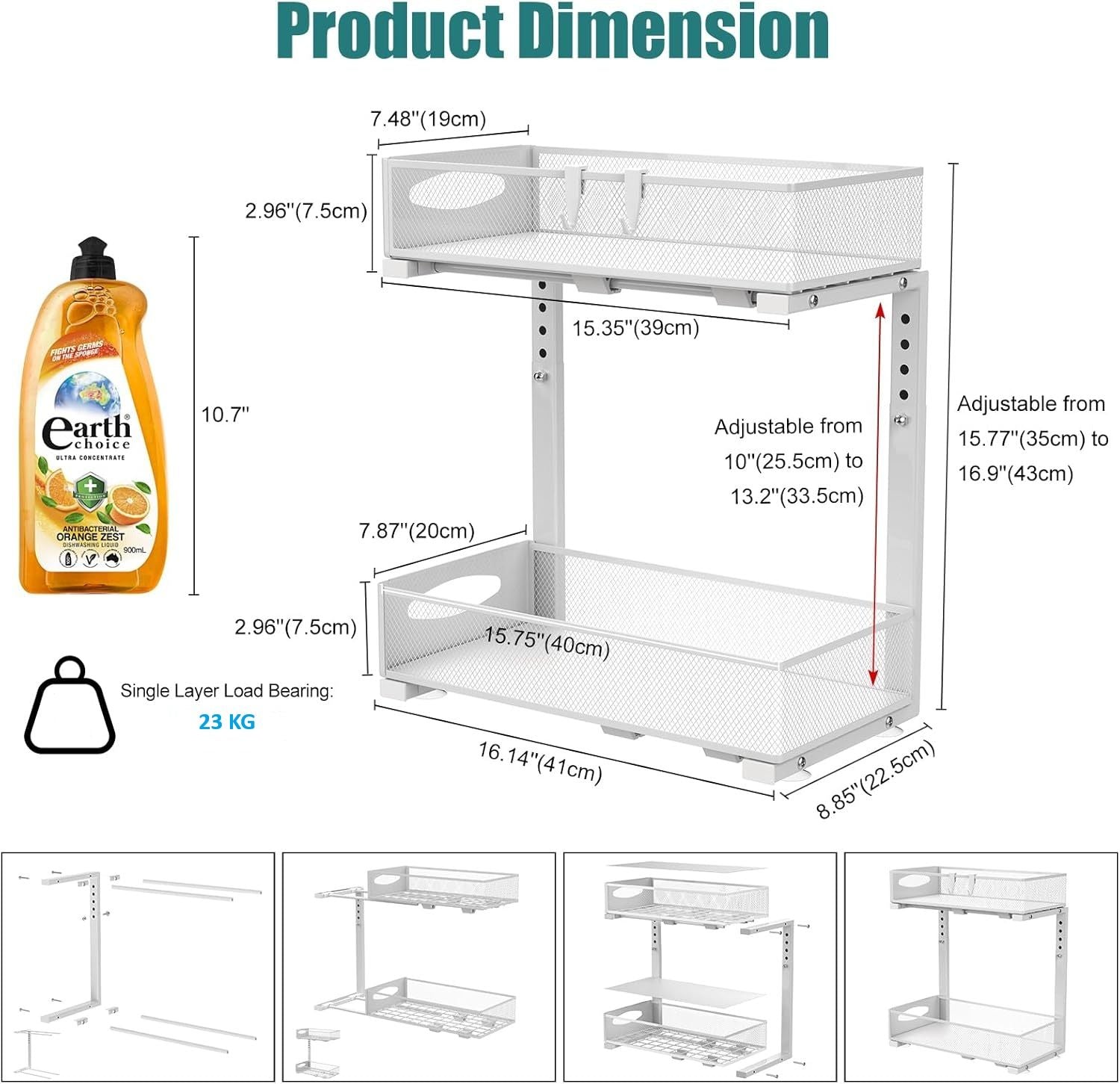 Bathroom Cabinets, Cupboards & Storage: CARLA HOME 2 Tier Under Sink Organizer Pull Out Sliding Cabinet Storage Shelf with Height Adjustable for Kitchen, Bathroom or Laundry Room (White)