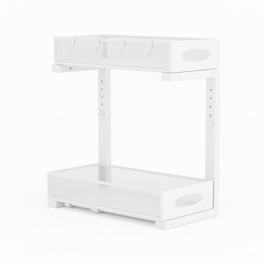 Bathroom Cabinets, Cupboards & Storage: CARLA HOME 2 Tier Under Sink Organizer Pull Out Sliding Cabinet Storage Shelf with Height Adjustable for Kitchen, Bathroom or Laundry Room (White)