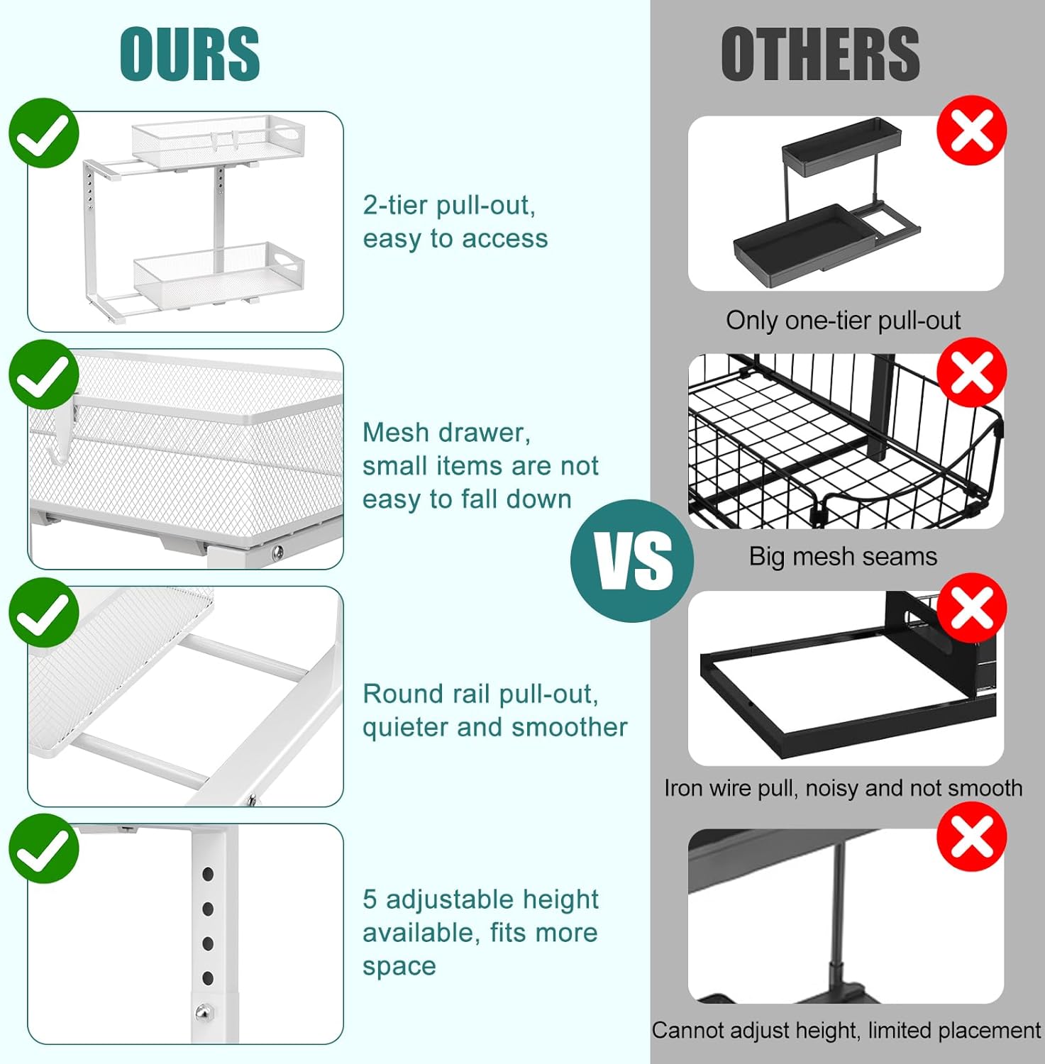 Bathroom Cabinets, Cupboards & Storage: CARLA HOME 2 Pack Under Sink Organizer Pull Out Sliding Cabinet Storage Shelf with Height Adjustable for Kitchen, Bathroom or Laundry Room (White)