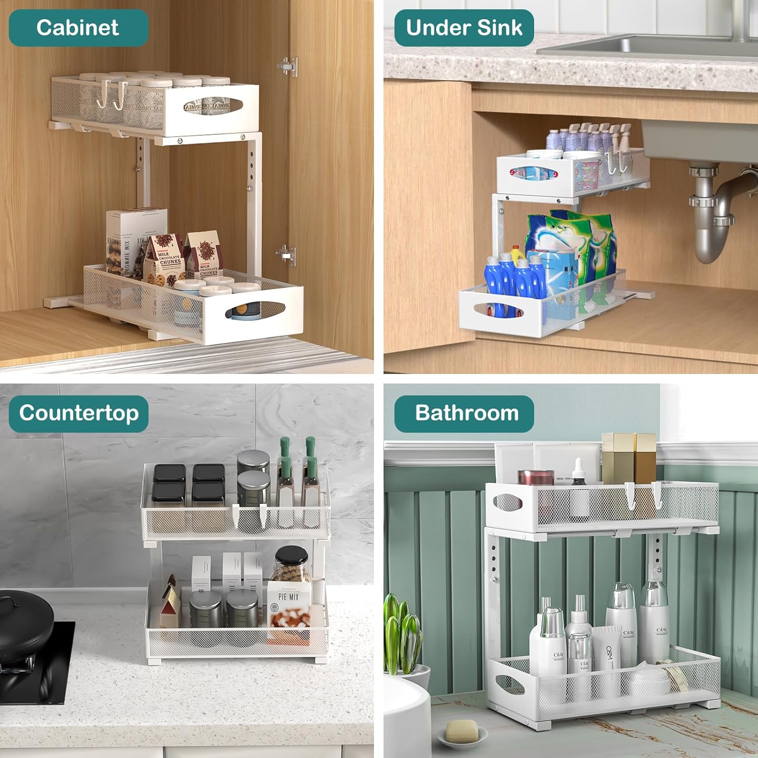 Bathroom Cabinets, Cupboards & Storage: CARLA HOME 2 Pack Under Sink Organizer Pull Out Sliding Cabinet Storage Shelf with Height Adjustable for Kitchen, Bathroom or Laundry Room (White)