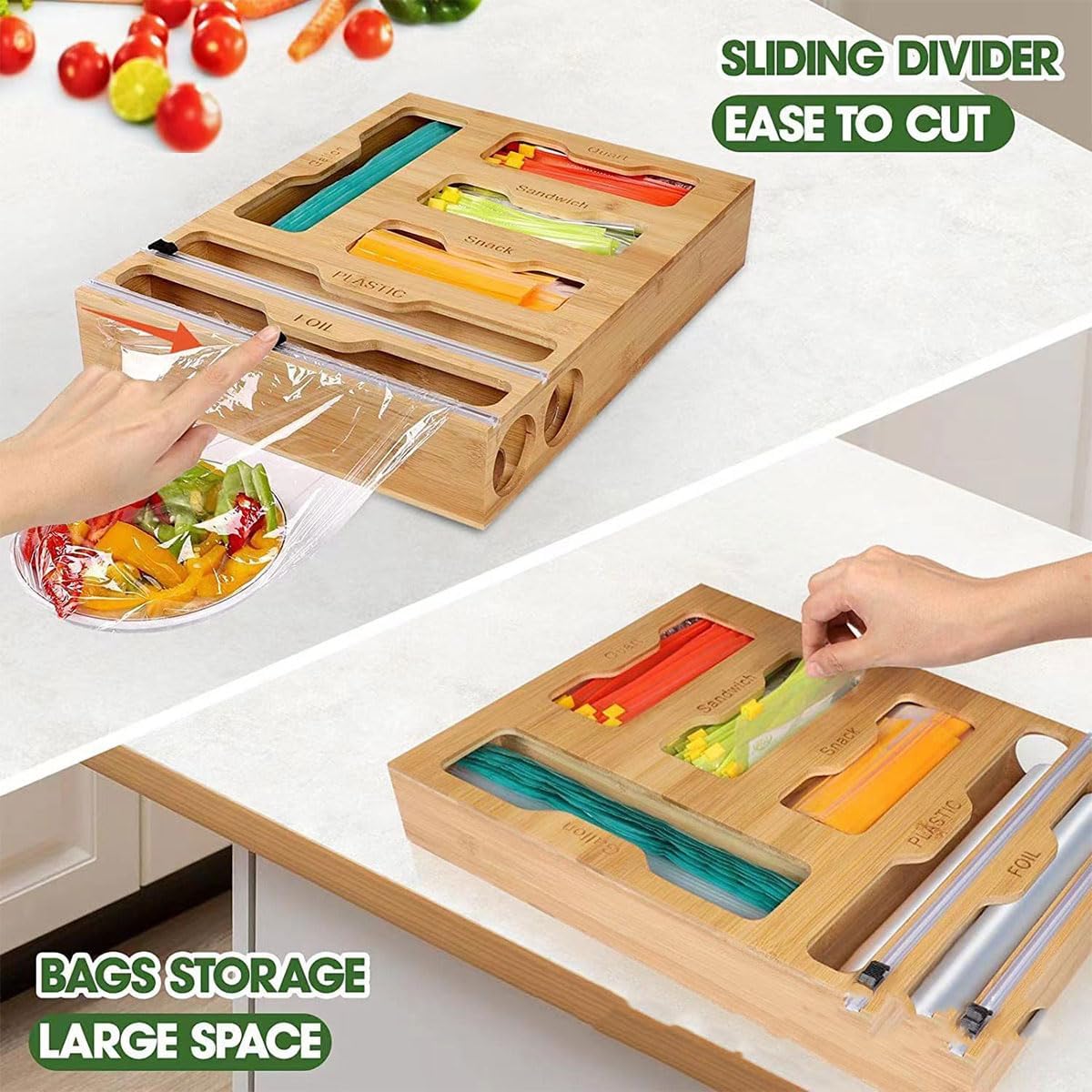 CARLA HOME 6-in-1 Bamboo Kitchen Drawer Organizer with Ziplock Bag Storage, Wrap Dispenser, Cutter for Gallon, Quart, Sandwich, Snack, Foil & Plastic Wrap