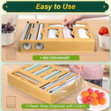 Storage Cabinets: CARLA HOME 6-in-1 Bamboo Kitchen Drawer Organizer with Ziplock Bag Storage, Wrap Dispenser, Cutter for Gallon, Quart, Sandwich, Snack, Foil & Plastic Wrap