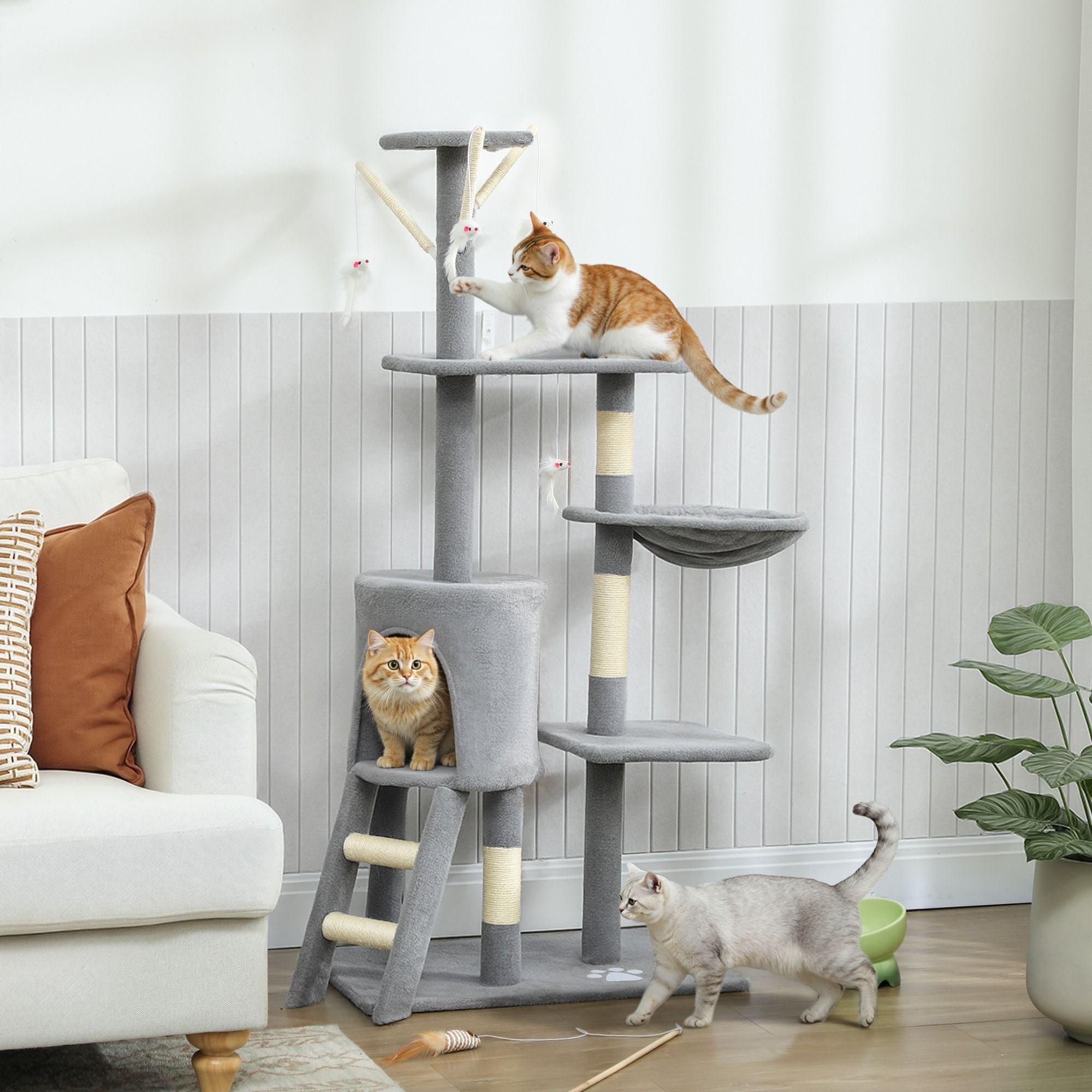 Cat Scratching Posts: CARLA HOME 134cm Cat Tree for Indoor Cats with Hammock, Plush Perch & Sisal Scratching Posts for Kittens & Adult Cats (Light Grey)