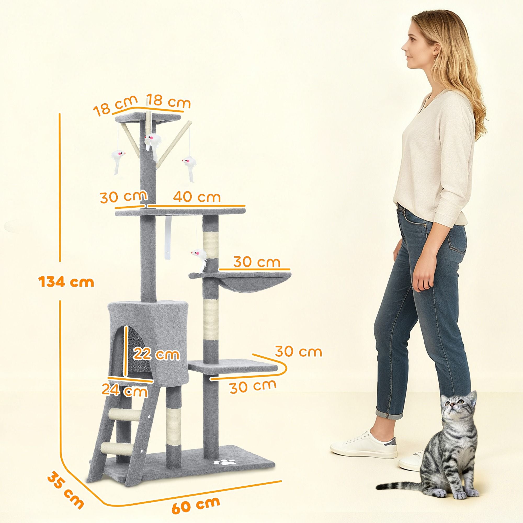 Cat Scratching Posts: CARLA HOME 134cm Cat Tree for Indoor Cats with Hammock, Plush Perch & Sisal Scratching Posts for Kittens & Adult Cats (Light Grey)