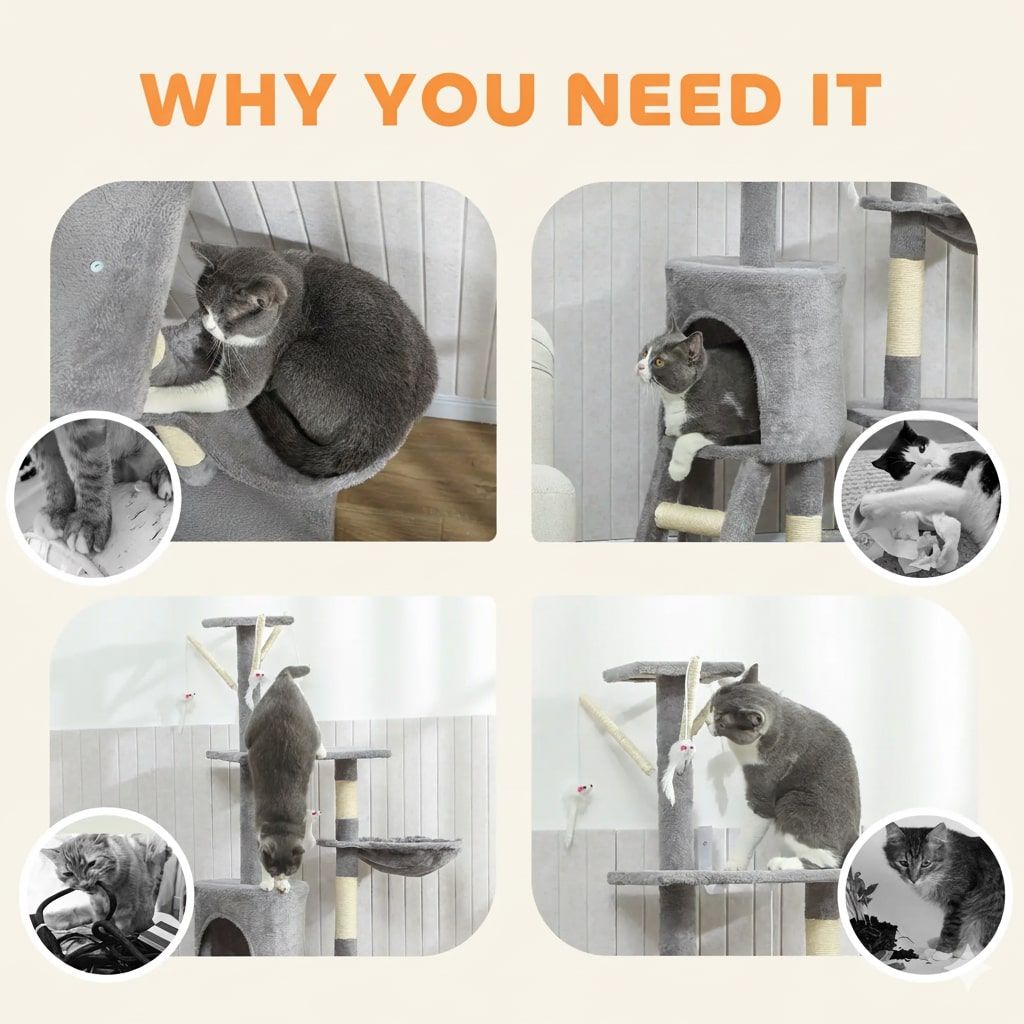 Cat Scratching Posts: CARLA HOME 134cm Cat Tree for Indoor Cats with Hammock, Plush Perch & Sisal Scratching Posts for Kittens & Adult Cats (Light Grey)