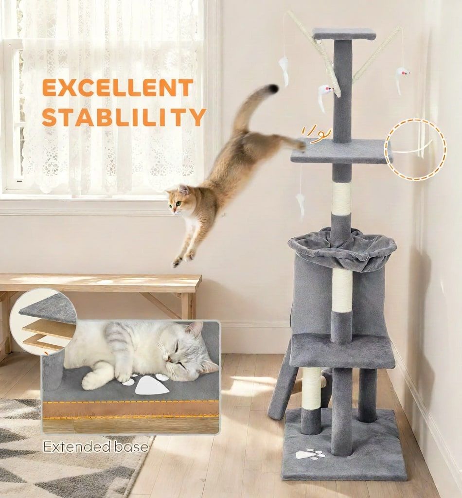 Cat Scratching Posts: CARLA HOME 134cm Cat Tree for Indoor Cats with Hammock, Plush Perch & Sisal Scratching Posts for Kittens & Adult Cats (Light Grey)