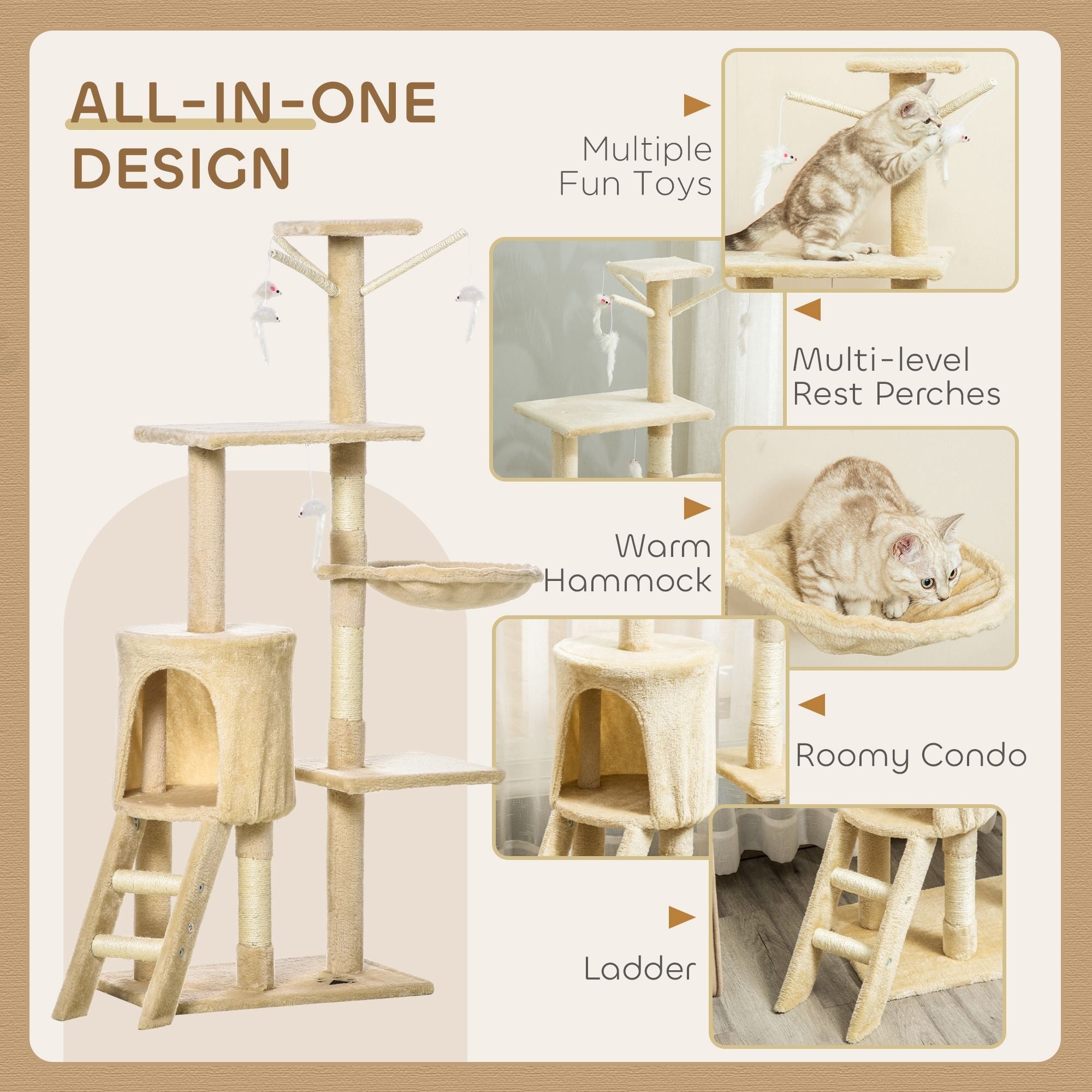 Cat Scratching Posts: CARLA HOME 134cm Cat Tree for Indoor Cats with Hammock, Plush Perch & Sisal Scratching Posts for Kittens & Adult Cats (Beige)