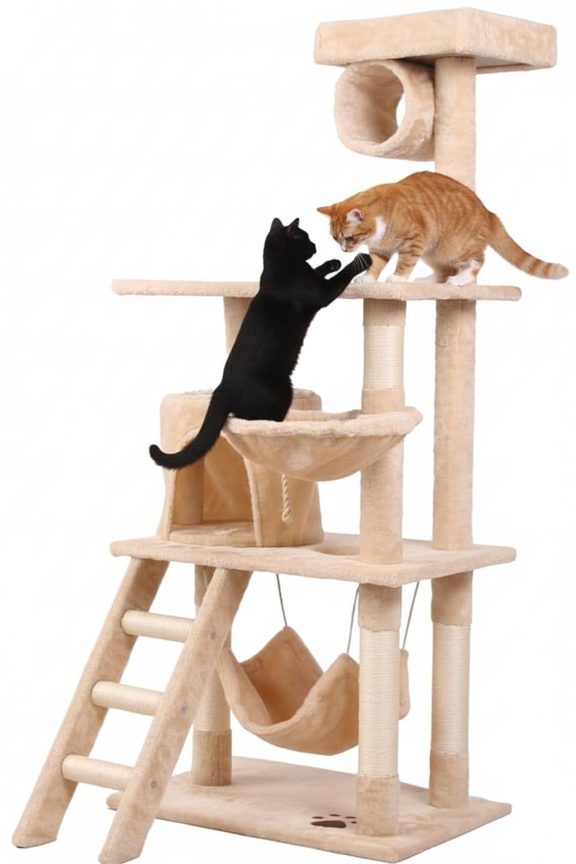 Cat Scratching Posts: CARLA HOME 141cm Cat Tree Tower for Indoor Cats with Plush Perch, Ladder, Sisal Scratching Posts, Hammock & Condo for Kittens & Adult Cats (Beige)