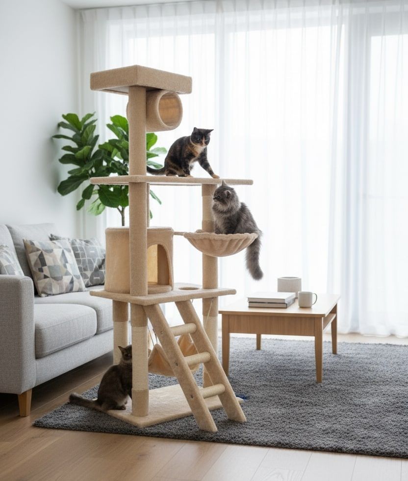 Cat Scratching Posts: CARLA HOME 141cm Cat Tree Tower for Indoor Cats with Plush Perch, Ladder, Sisal Scratching Posts, Hammock & Condo for Kittens & Adult Cats (Beige)