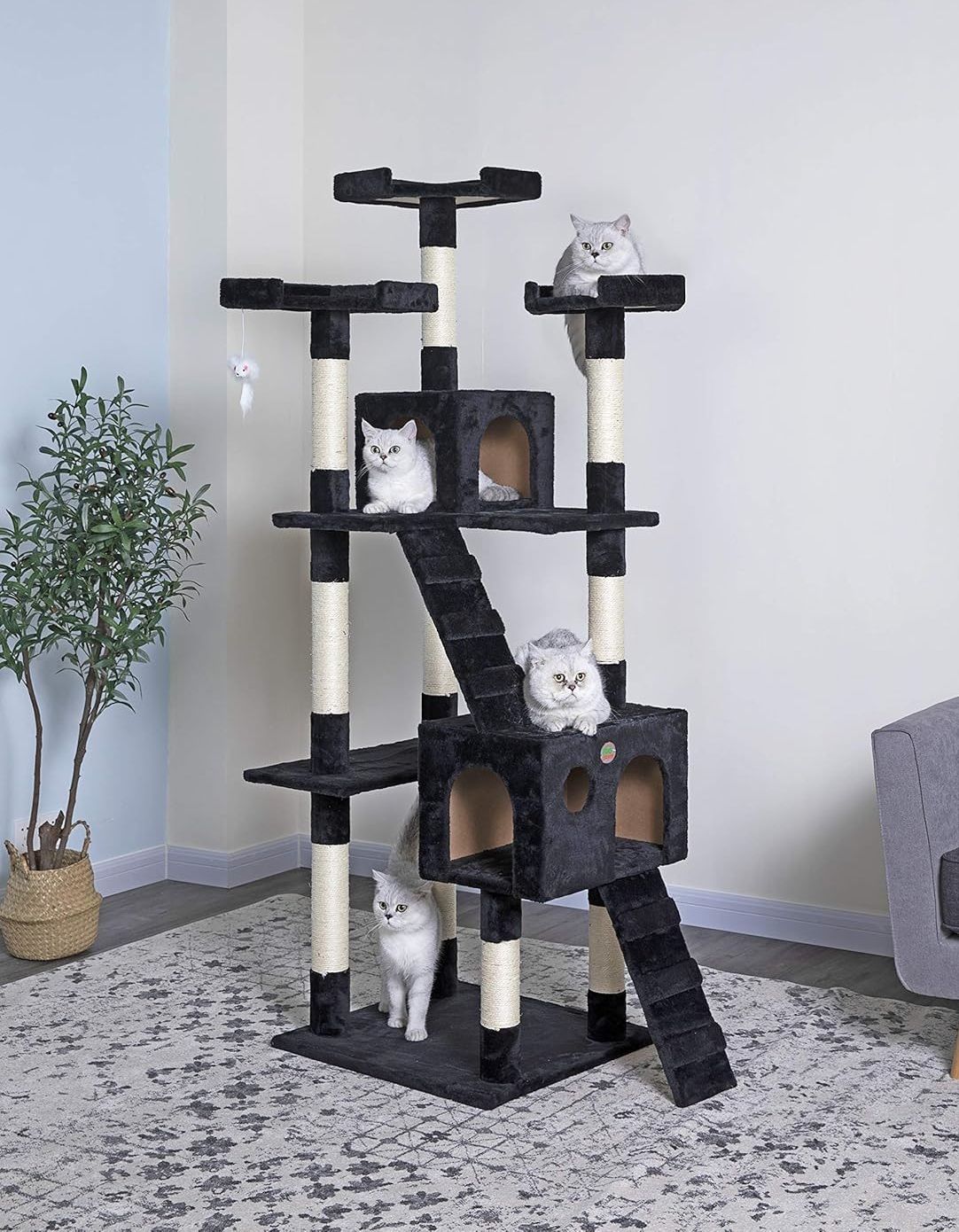 Artificial Trees: CARLA HOME 180cm Cat Tree Tower for Indoor Cats with Dual Condos, Plush Perches, Sisal Scratching Posts & Ramps for Kittens & Adult Cats (Black)