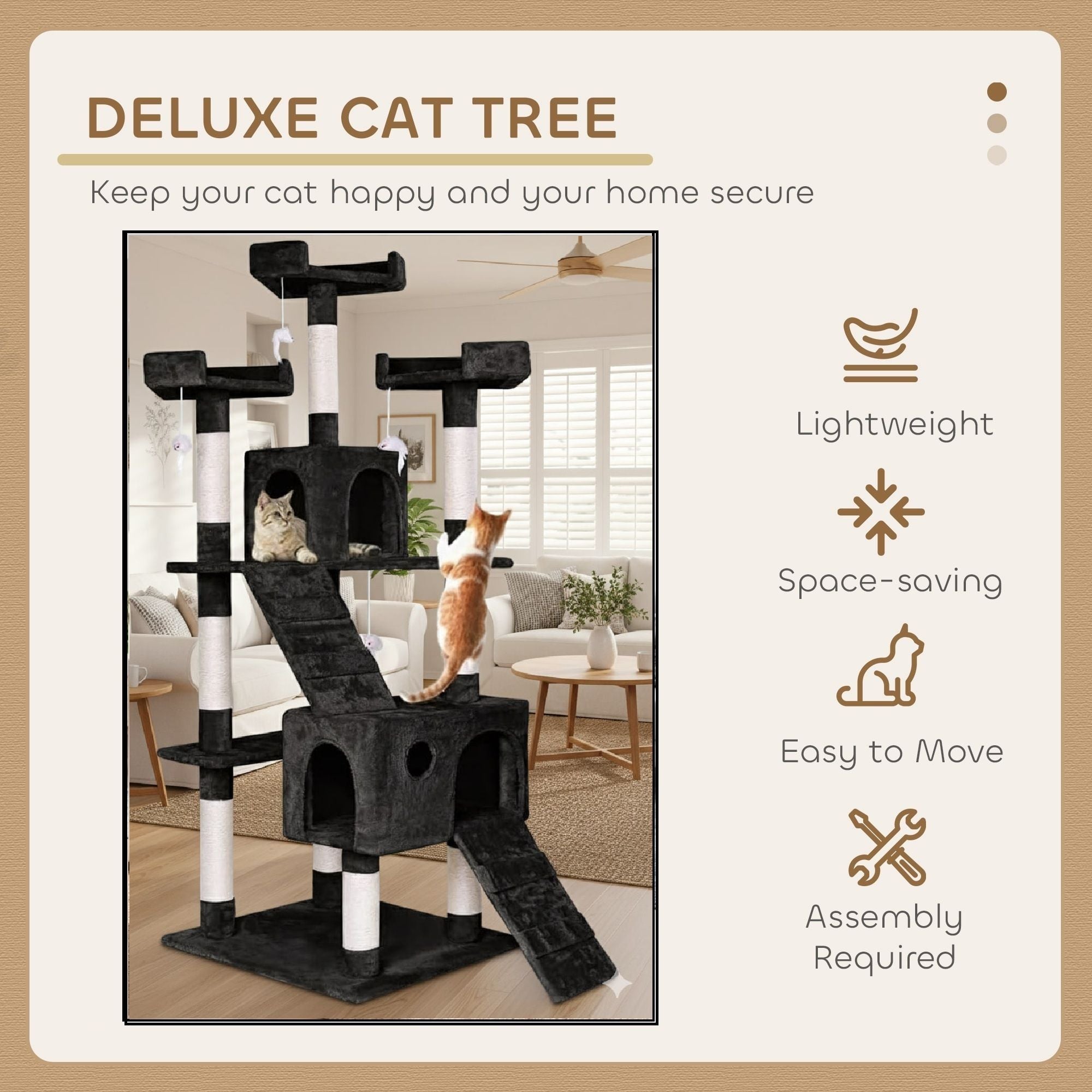 Artificial Trees: CARLA HOME 180cm Cat Tree Tower for Indoor Cats with Dual Condos, Plush Perches, Sisal Scratching Posts & Ramps for Kittens & Adult Cats (Black)