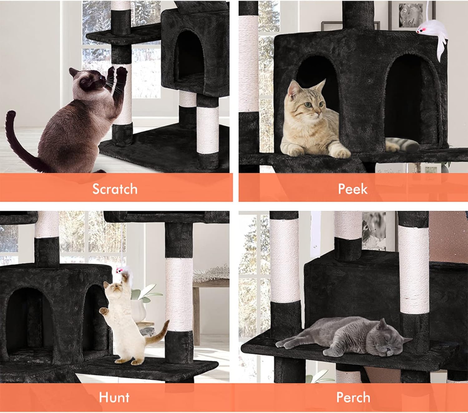 Artificial Trees: CARLA HOME 180cm Cat Tree Tower for Indoor Cats with Dual Condos, Plush Perches, Sisal Scratching Posts & Ramps for Kittens & Adult Cats (Black)