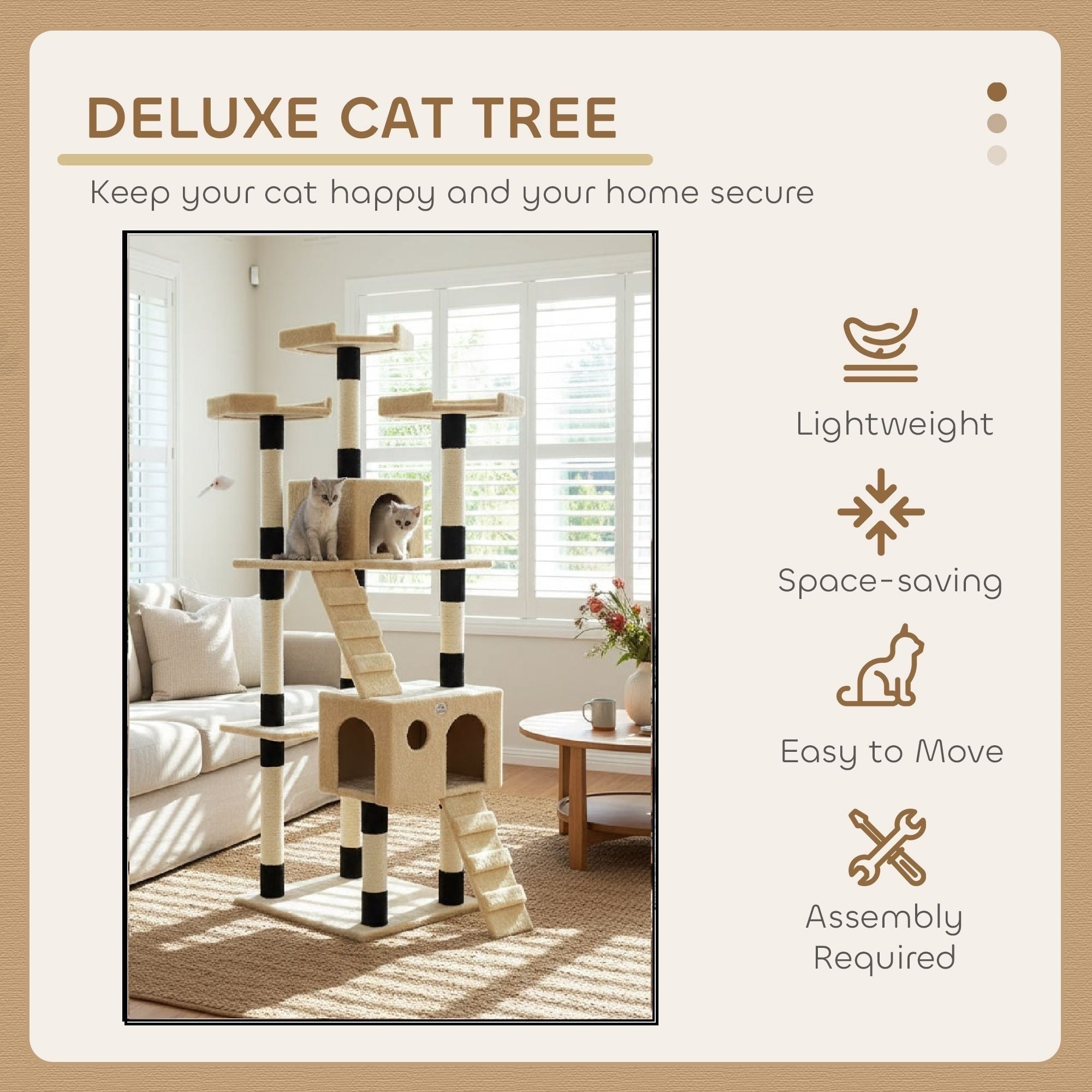 Artificial Trees: CARLA HOME 180cm Cat Tree Tower for Indoor Cats with Dual Condos, Plush Perches, Sisal Scratching Posts & Ramps for Kittens & Adult Cats (Beige)