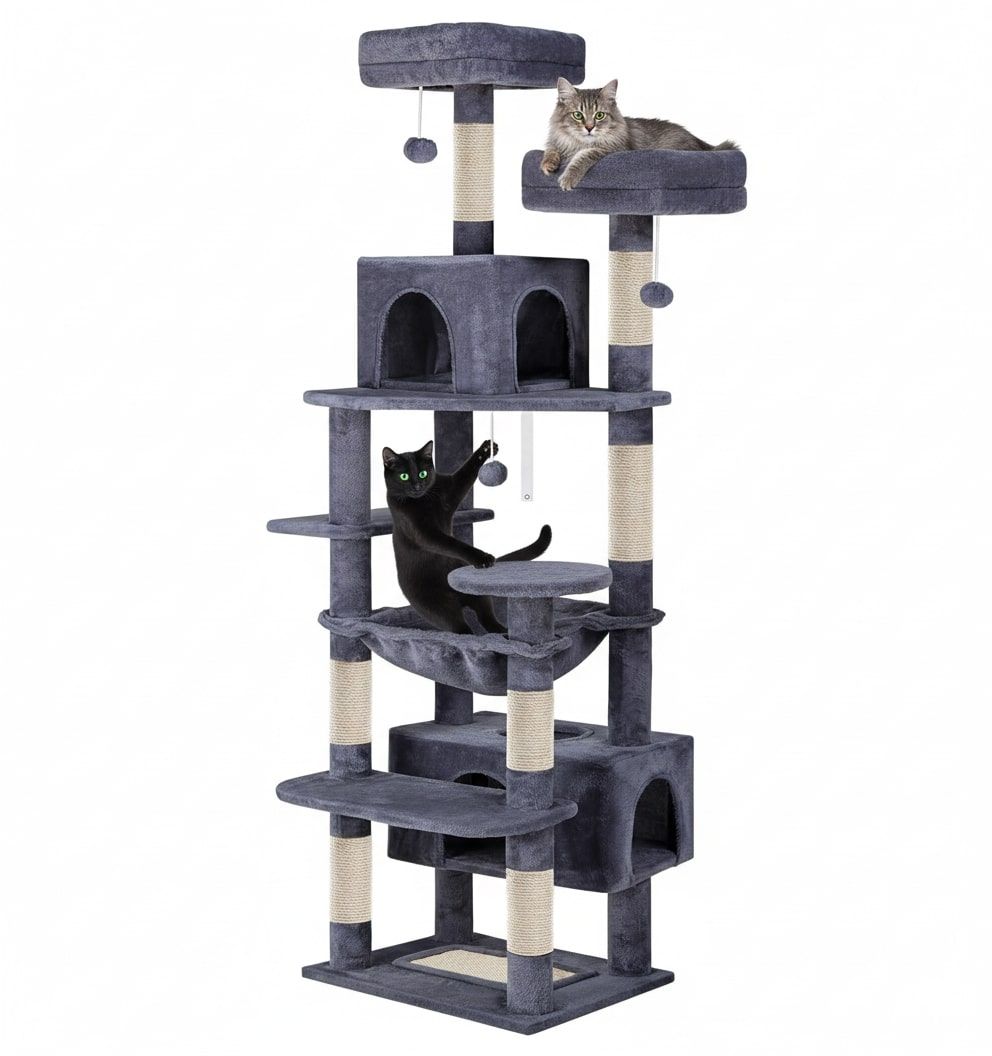 Artificial Trees: CARLA HOME 180cm Cat Tree Tower for Indoor Cats with Plush Perches, Dual Condos, Natural Sisal Scratching Posts & Ramps for Kittens & Adult Cats (Grey)