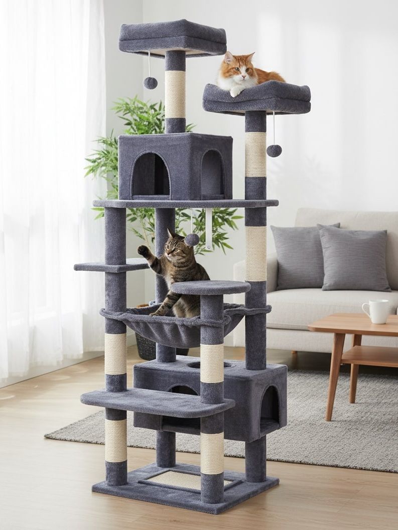 Artificial Trees: CARLA HOME 180cm Cat Tree Tower for Indoor Cats with Plush Perches, Dual Condos, Natural Sisal Scratching Posts & Ramps for Kittens & Adult Cats (Grey)