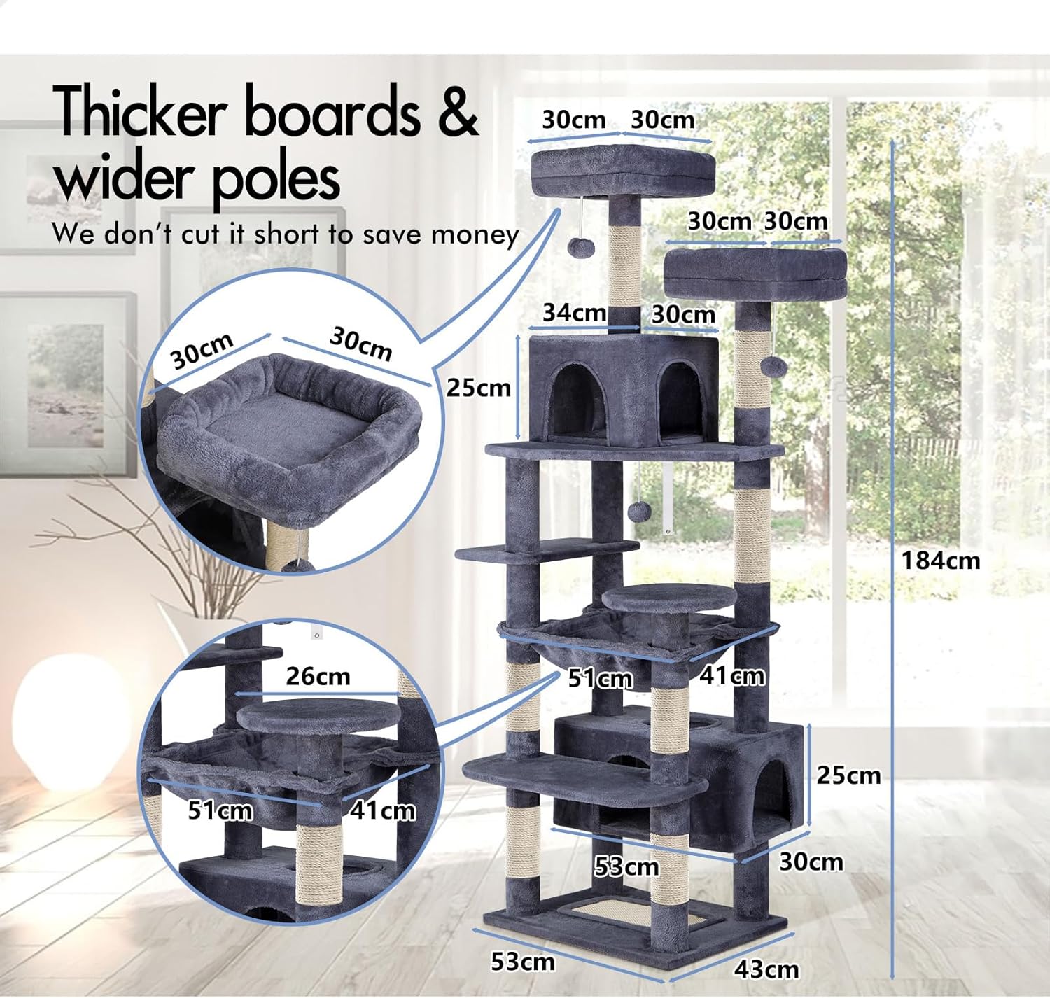 Artificial Trees: CARLA HOME 180cm Cat Tree Tower for Indoor Cats with Plush Perches, Dual Condos, Natural Sisal Scratching Posts & Ramps for Kittens & Adult Cats (Grey)