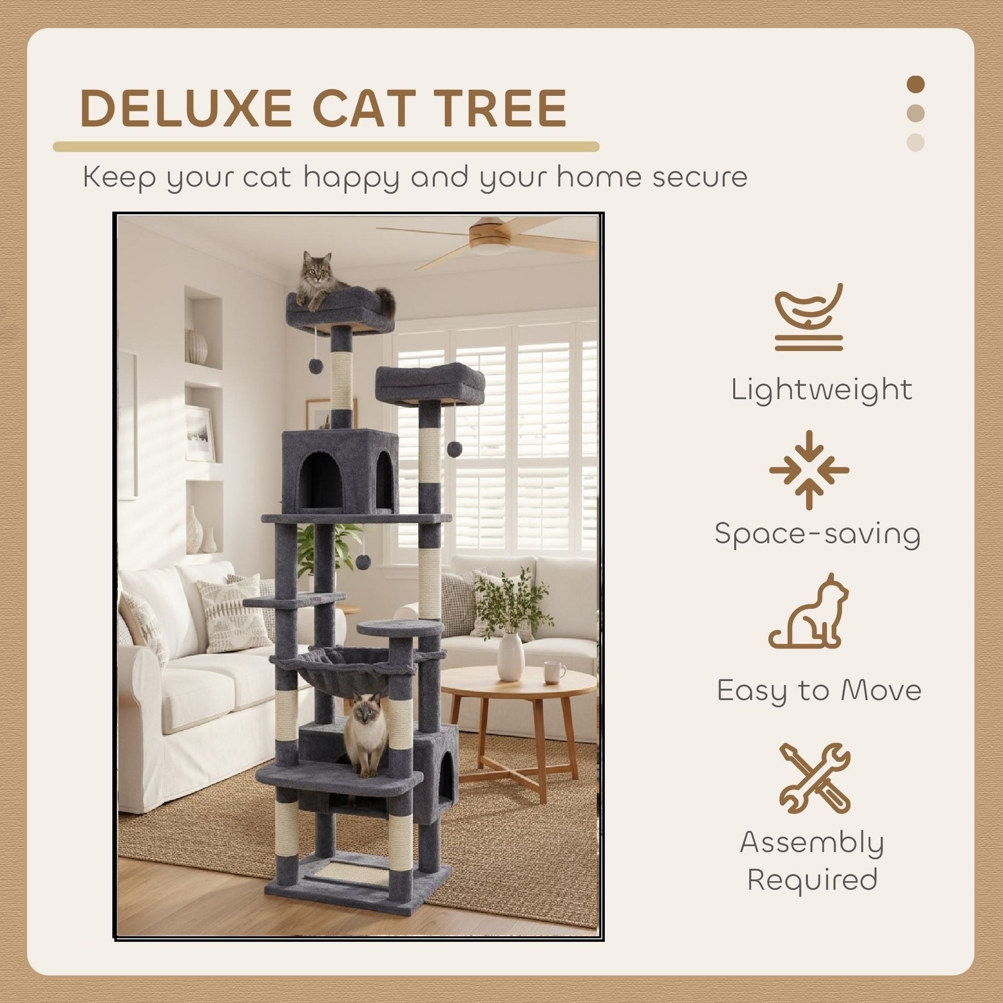 Artificial Trees: CARLA HOME 180cm Cat Tree Tower for Indoor Cats with Plush Perches, Dual Condos, Natural Sisal Scratching Posts & Ramps for Kittens & Adult Cats (Grey)
