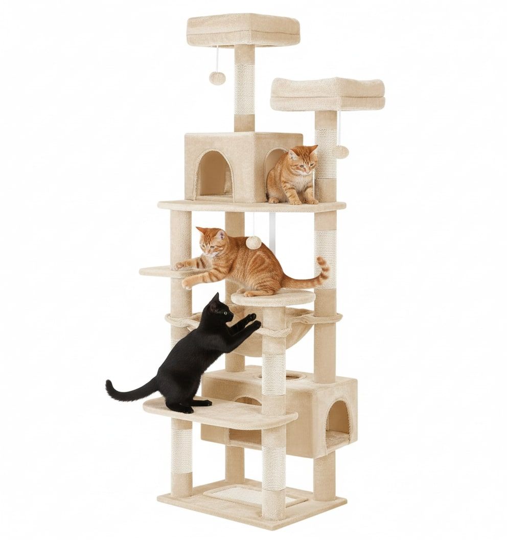 Artificial Trees: CARLA HOME 180cm Cat Tree Tower for Indoor Cats with Plush Perches, Dual Condos, Natural Sisal Scratching Posts & Ramps for Kittens & Adult Cats (Beige)