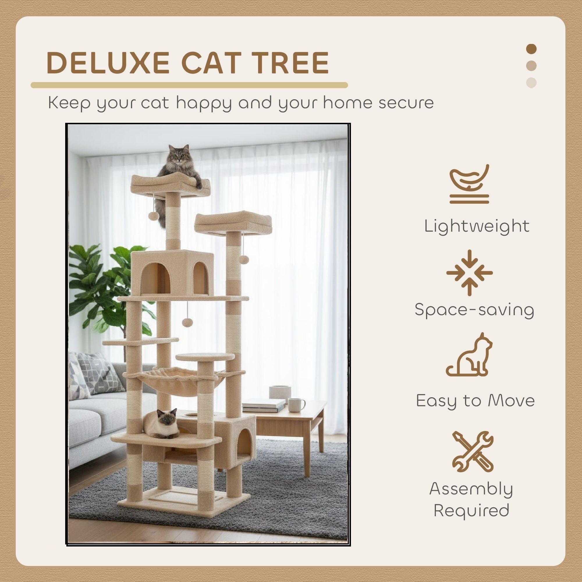 Artificial Trees: CARLA HOME 180cm Cat Tree Tower for Indoor Cats with Plush Perches, Dual Condos, Natural Sisal Scratching Posts & Ramps for Kittens & Adult Cats (Beige)