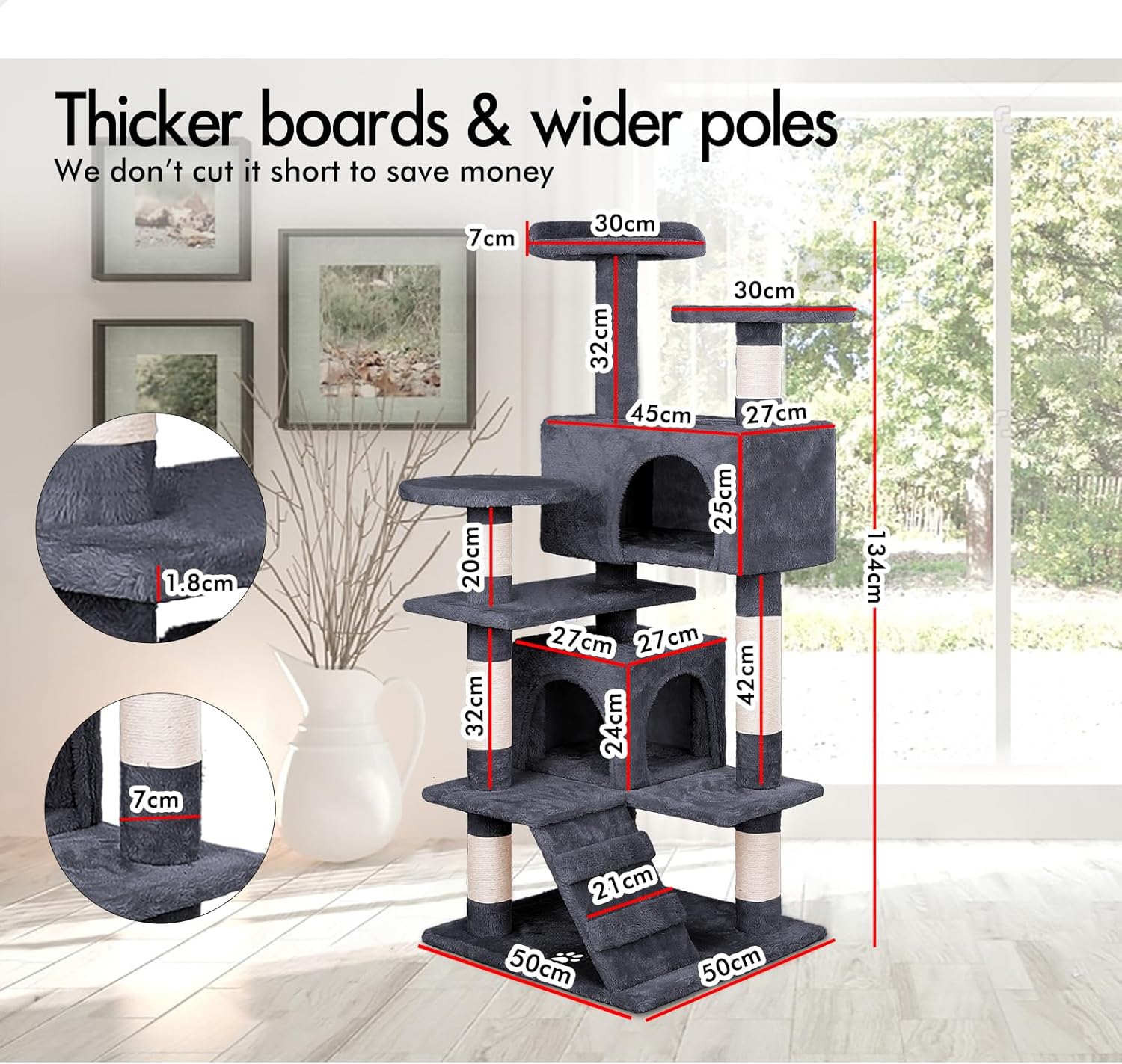 Artificial Trees: CARLA HOME 180cm Cat Tree Tower for Indoor Cats with Plush Perches, Dual Condos, Natural Sisal Scratching Posts & Ramp for Kittens & Adult Cats (Dark Grey)