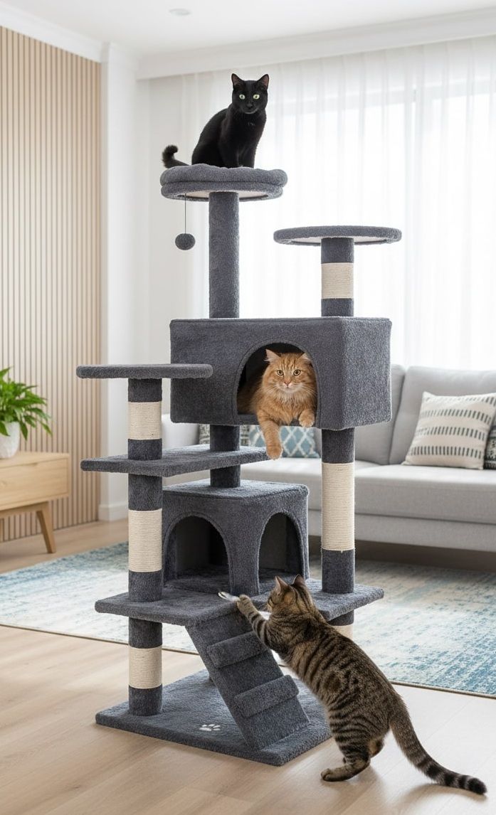 Artificial Trees: CARLA HOME 180cm Cat Tree Tower for Indoor Cats with Plush Perches, Dual Condos, Natural Sisal Scratching Posts & Ramp for Kittens & Adult Cats (Dark Grey)