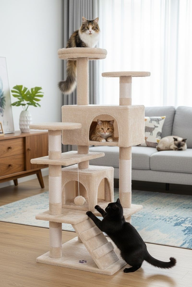 Artificial Trees: CARLA HOME 180cm Cat Tree Tower for Indoor Cats with Plush Perches, Dual Condos, Natural Sisal Scratching Posts & Ramp for Kittens & Adult Cats (Beige)