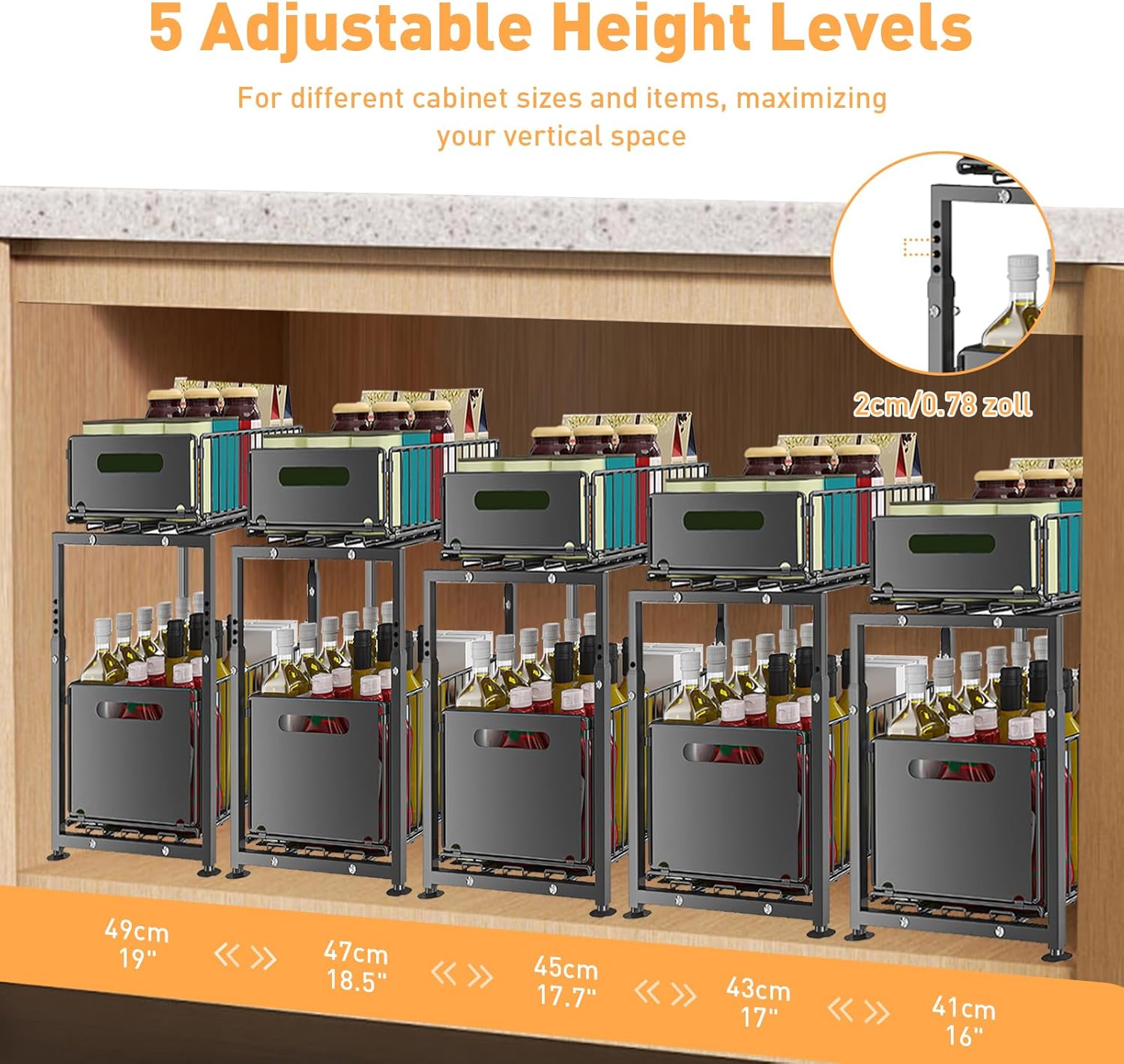 CARLA HOME 2-Tier Under Sink Organizer with Sliding Drawers & Height Adjustable for Kitchen Bathroom Cabinet Organization