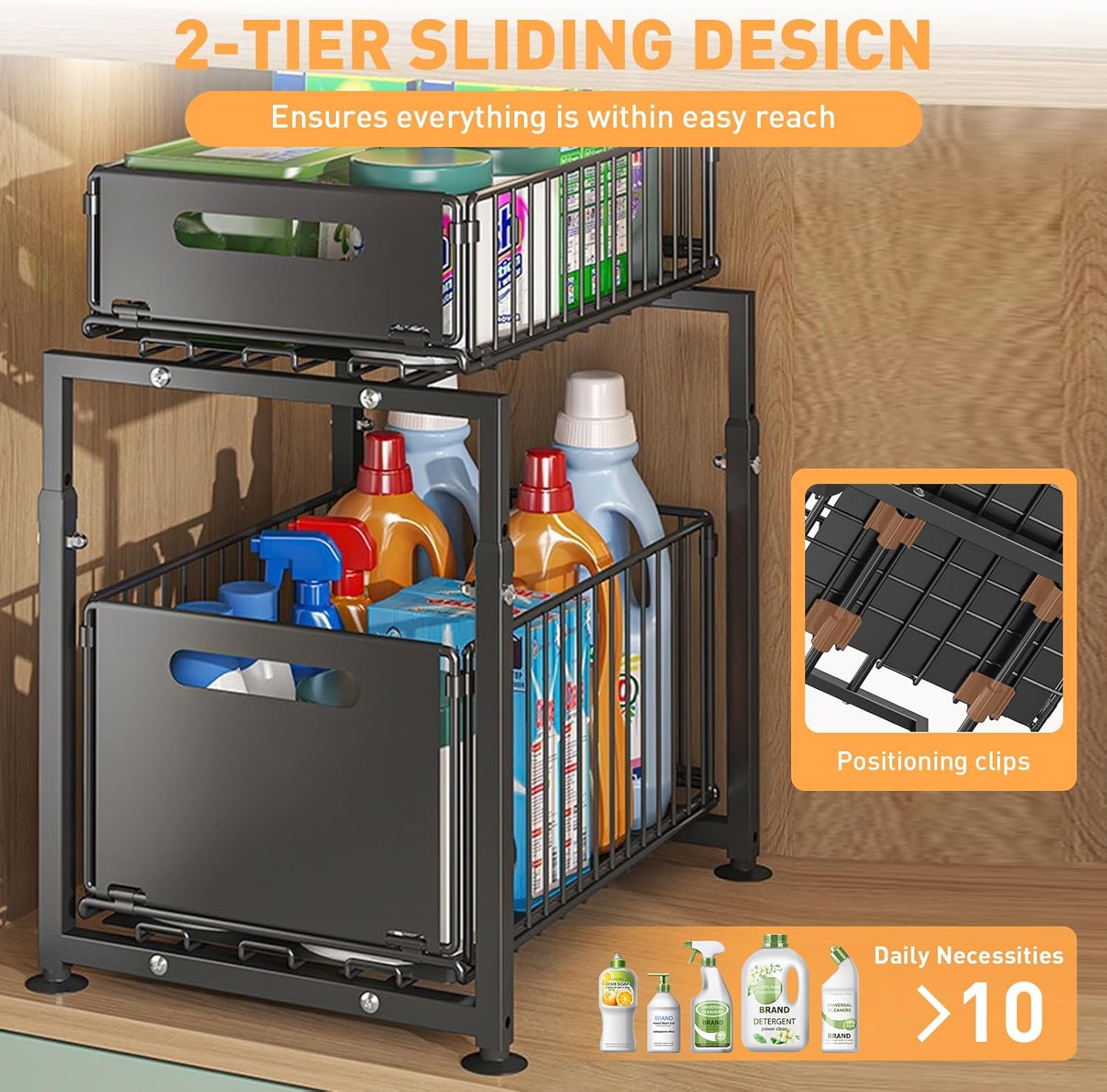 CARLA HOME 2-Tier Under Sink Organizer with Sliding Drawers & Height Adjustable for Kitchen Bathroom Cabinet Organization