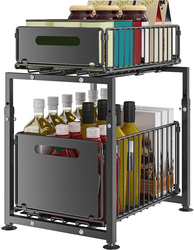 CARLA HOME 2-Tier Under Sink Organizer with Sliding Drawers & Height Adjustable for Kitchen Bathroom Cabinet Organization
