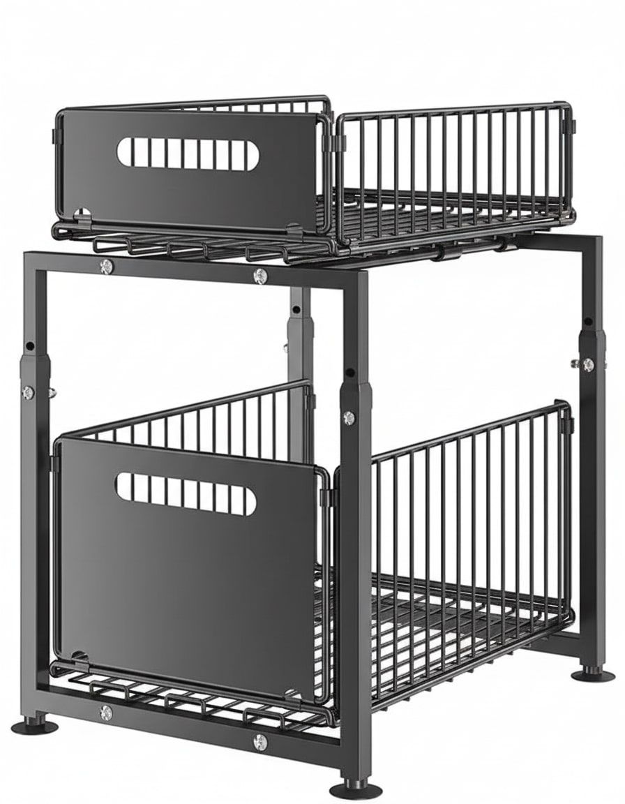 CARLA HOME 2-Tier Under Sink Organizer with Sliding Drawers & Height Adjustable for Kitchen Bathroom Cabinet Organization