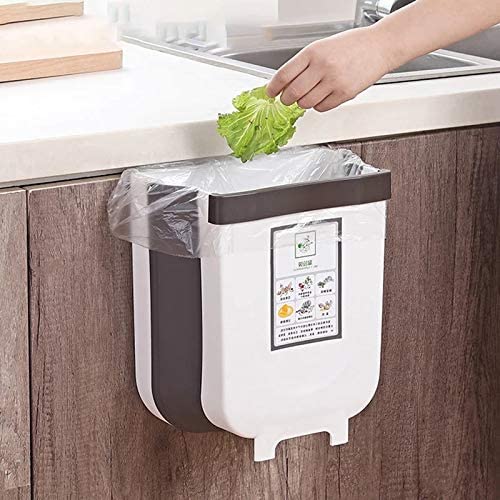 Foldable Bins: Hanging Trash Can Collapsible Small Garbage Waste Bin for Kitchen Cabinet Door (White)