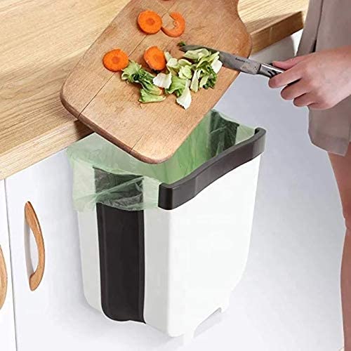 Foldable Bins: Hanging Trash Can Collapsible Small Garbage Waste Bin for Kitchen Cabinet Door (White)
