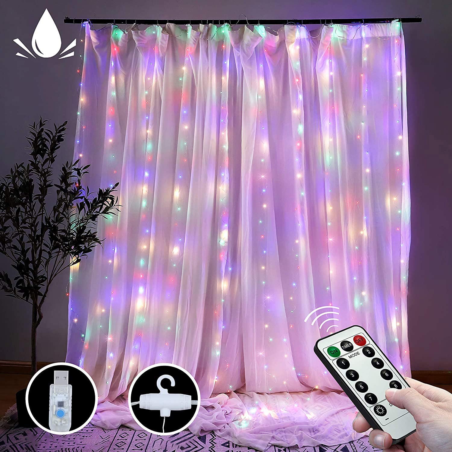 Curtain Accessories: 300 LEDs Window Curtain Fairy Lights 8 Modes and Remote Control for Bedroom (Multicolor, 300 x 300cm)