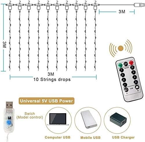 Curtain Accessories: 300 LEDs Window Curtain Fairy Lights 8 Modes and Remote Control for Bedroom (Multicolor, 300 x 300cm)